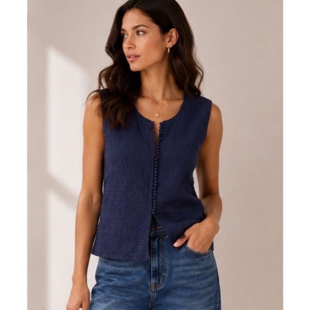 VTG J. Peterman Navy Silk Puckered Texture Vest M Covered Buttons Bohemian Lux